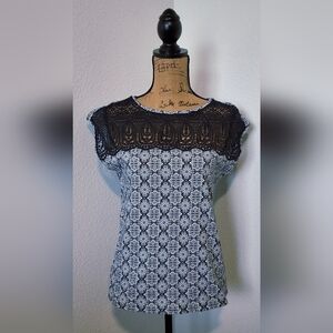 LOFT Black Lace Yoke Patterned Top in Black and White